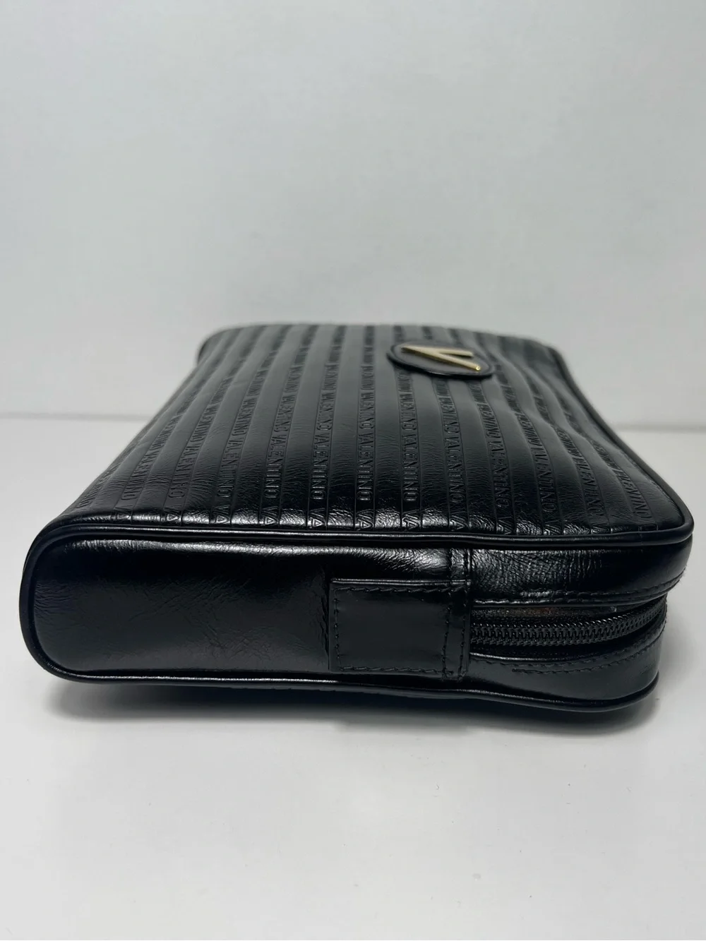 Mario Valentino Logo Vintage Black Leather Clutch Toiletry Travel Pouch Case
